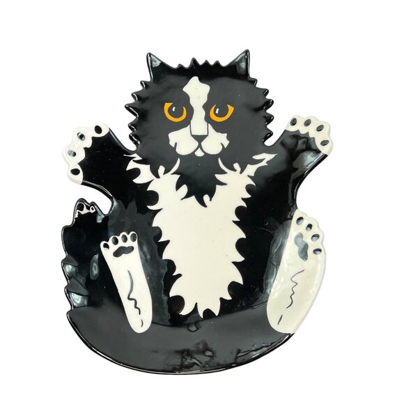 Cats by Nina Lyman Black White Ceramic Plate Platter Orange Eyes Laying on Back - Picture 1 of 11